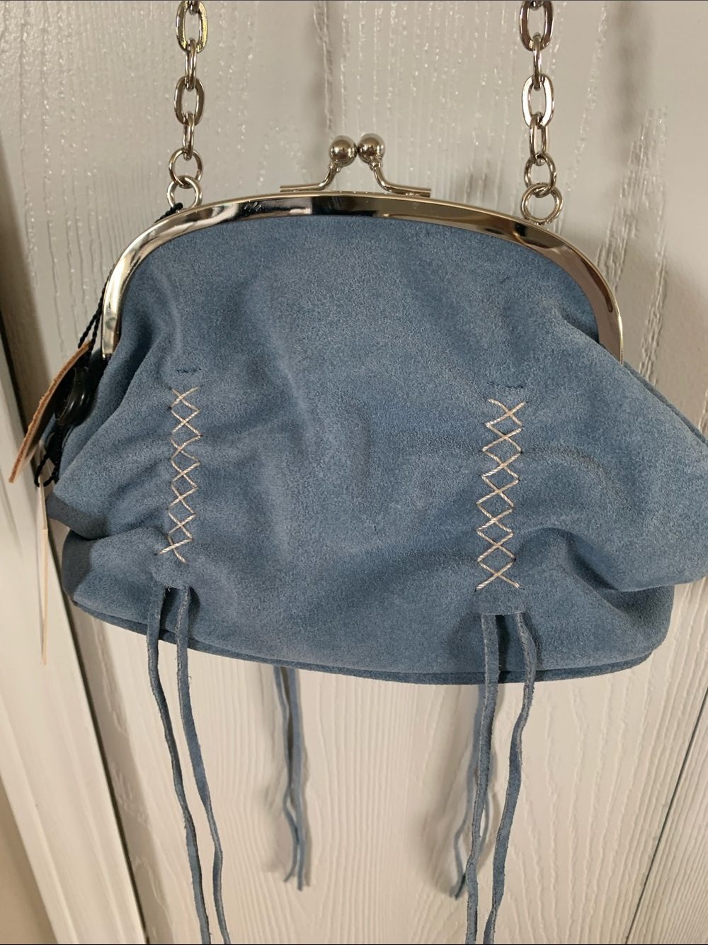 M London blue Suede Frame Clasp Crossbody mini Bag in Dusty Blue